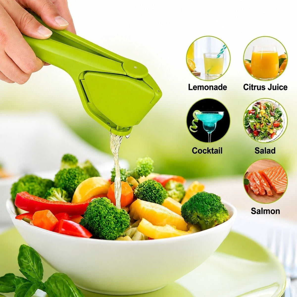 HUPLA Manual Lemon Squeezer with Juice Strainer | Handheld Citrus Juicer Press for Lemon, Lime & Small Citrus Fruits | Easy Grip Kitchen Tool – Green