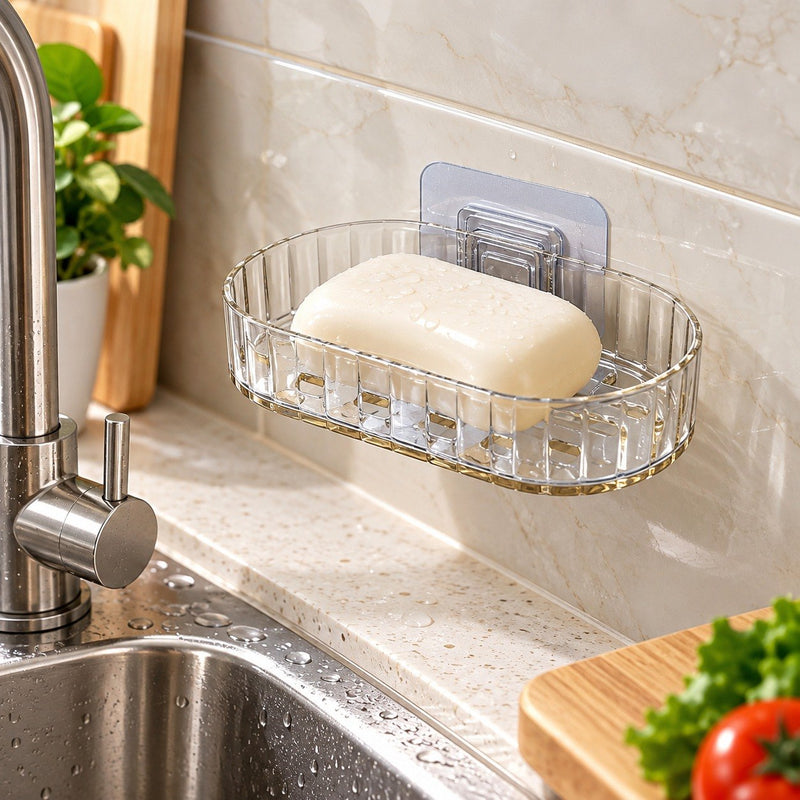 HUPLA Transparent Wall Mounted Soap Holder with Drainage | Self-Adhesive No-Drill Soap Dish for Bathroom, Kitchen & Washbasin | Clear Plastic Soap Organizer