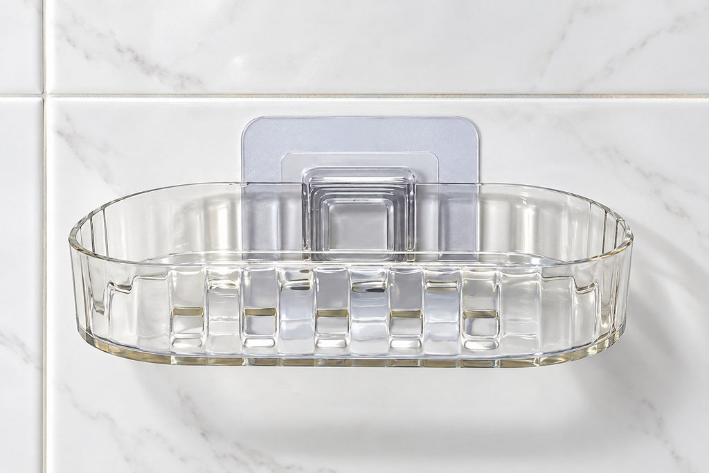 HUPLA Transparent Wall Mounted Soap Holder with Drainage | Self-Adhesive No-Drill Soap Dish for Bathroom, Kitchen & Washbasin | Clear Plastic Soap Organizer