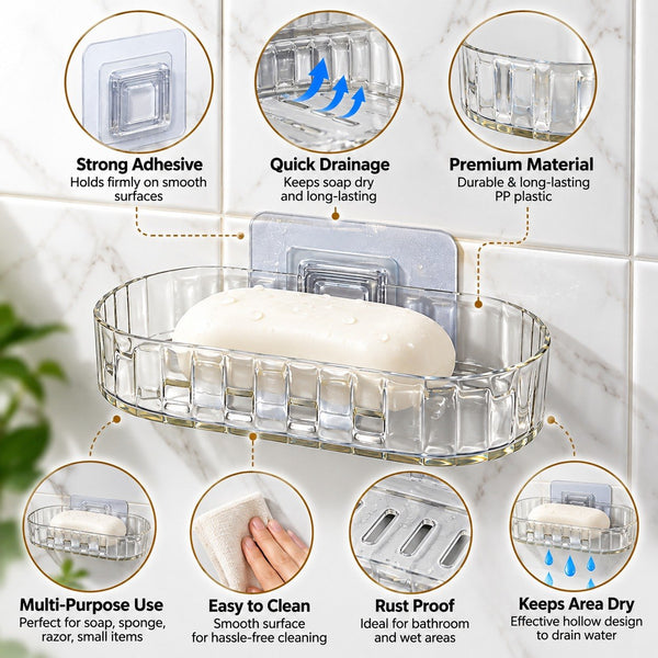 HUPLA Transparent Wall Mounted Soap Holder with Drainage | Self-Adhesive No-Drill Soap Dish for Bathroom, Kitchen & Washbasin | Clear Plastic Soap Organizer