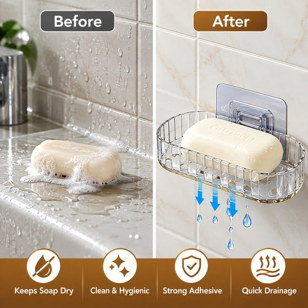 HUPLA Transparent Wall Mounted Soap Holder with Drainage | Self-Adhesive No-Drill Soap Dish for Bathroom, Kitchen & Washbasin | Clear Plastic Soap Organizer