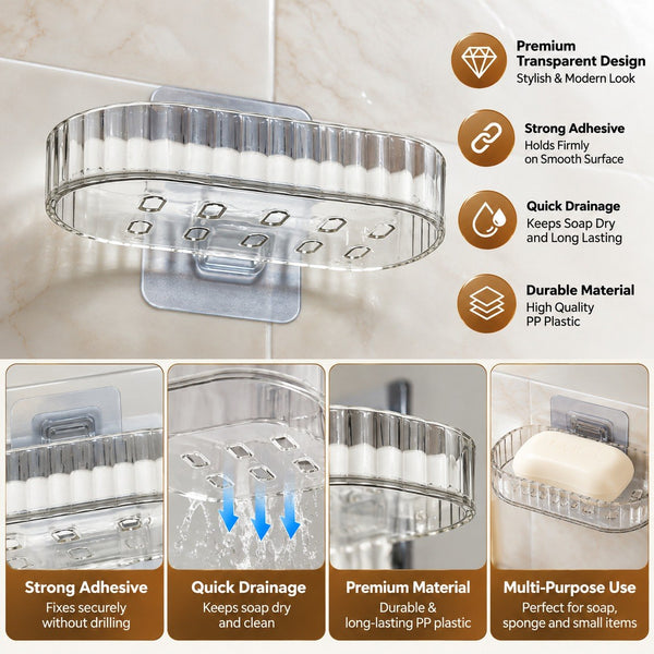 HUPLA Transparent Wall Mounted Soap Holder with Drainage | Self-Adhesive No-Drill Soap Dish for Bathroom, Kitchen & Washbasin | Clear Plastic Soap Organizer