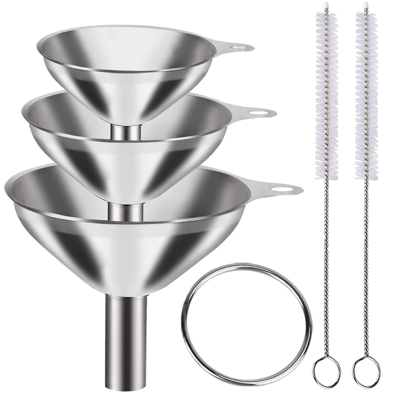 HUPLA Stainless Steel Kitchen Funnel Set | 3 Different Size Metal Funnels with Cleaning Brushes & Filter Strainer | Multipurpose Oil, Liquid & Dry Ingredient Transfer Funnels