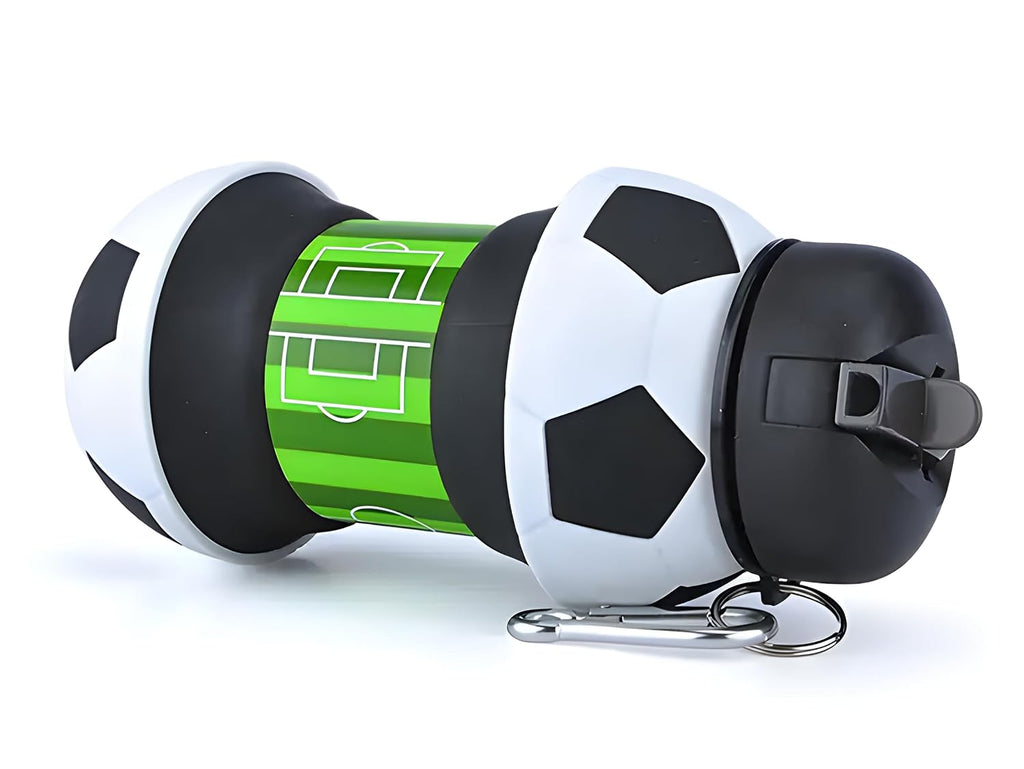 HUPLA Football Design Collapsible Silicone Water Bottle for Kids | Foldable Sports Drinking Bottle with Sipper Spout & Carabiner Clip | Portable Water Bottle for School, Football, Travel & Outdoor Activities – Black, White & Green