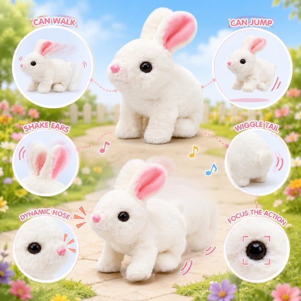 HUPLA Walking & Talking Rabbit Toy | Interactive White Bunny Soft Toy with Walking Movement, Bunny Sounds, Moving Ears & Nose | Battery Operated Plush Animal Toy for Kids – 1 Pc