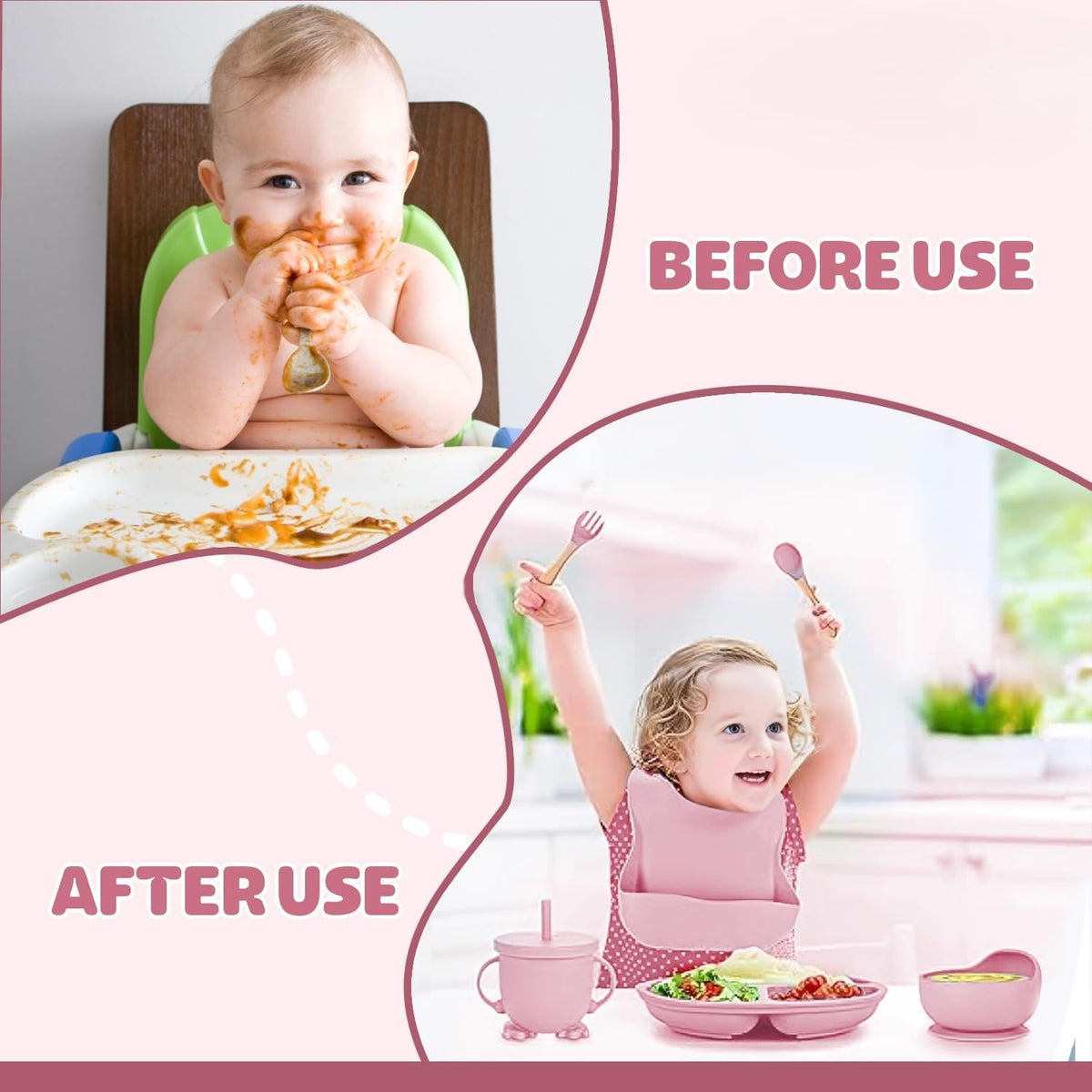 HUPLA Silicone Baby Feeding Bib with Food Catcher Pocket | Adjustable Waterproof Baby Bib with 4 Button Closures | Soft, Reusable & Easy to Clean Bib for Infants and Toddlers – Pink
