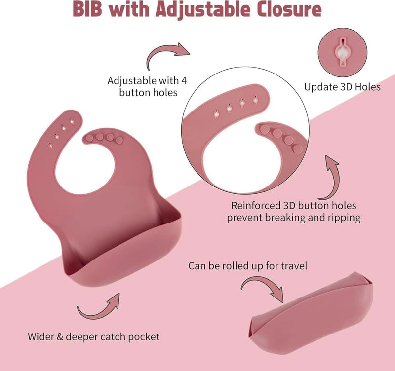 HUPLA Silicone Baby Feeding Bib with Food Catcher Pocket | Adjustable Waterproof Baby Bib with 4 Button Closures | Soft, Reusable & Easy to Clean Bib for Infants and Toddlers – Pink