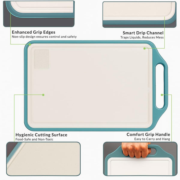HUPLA Double-Sided Kitchen Chopping Board with Handle | Reversible Rectangular Cutting Board for Vegetables, Fruits & Food Preparation | Blue & Cream