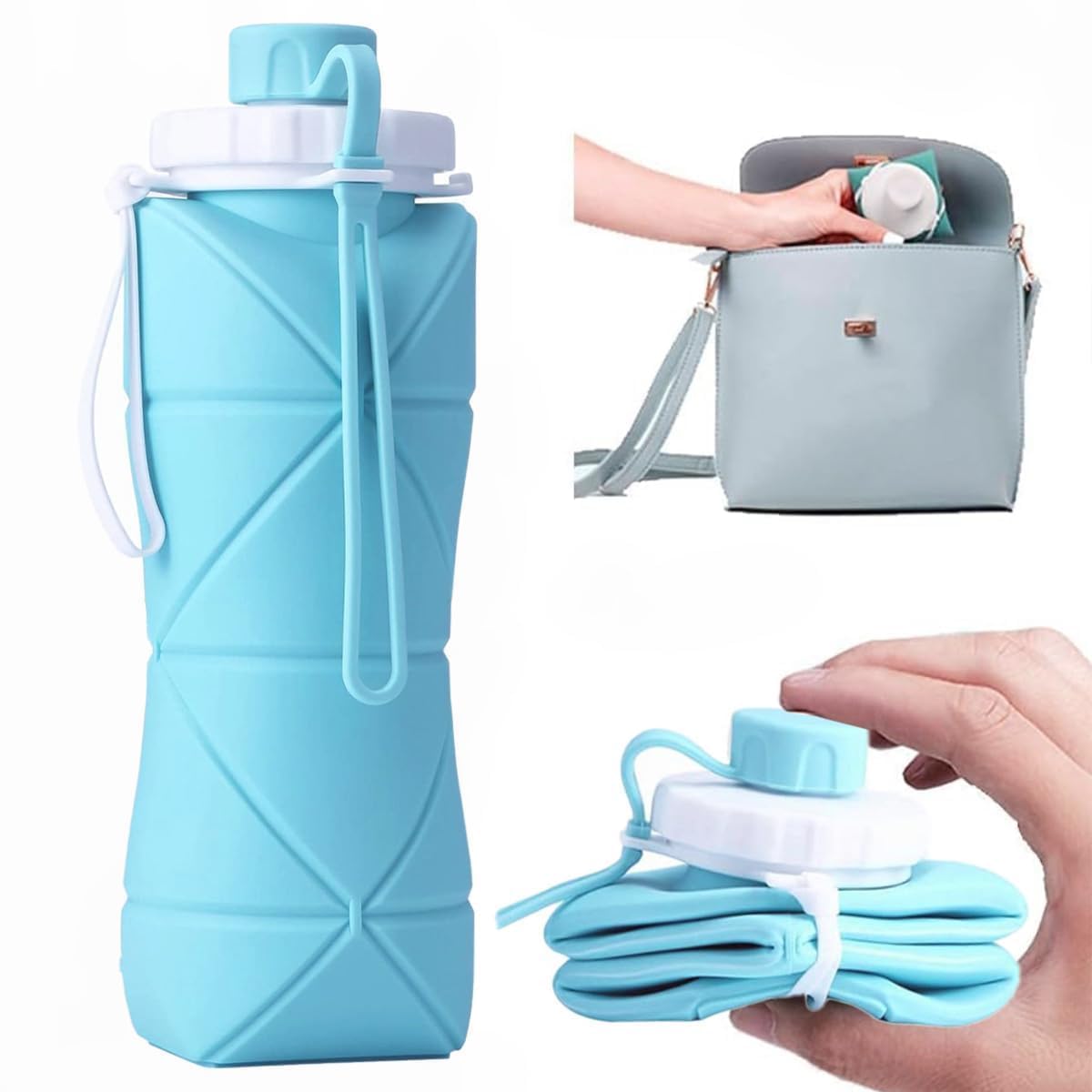 HUPLA Collapsible Silicone Water Bottle | Foldable & Reusable Drinking Bottle with Leak-Resistant Cap and Carrying Strap for Travel, Gym, Hiking & Outdoor Use – Sky Blue