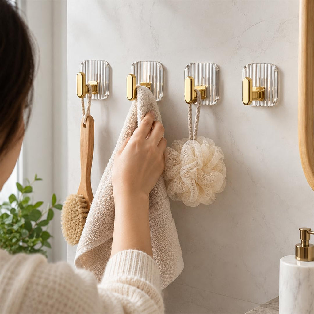 HUPLA Luxury Gold Self-Adhesive Wall Hooks – Pack of 3 | No-Drill Bathroom & Kitchen Hooks for Towels, Loofahs, Keys & Accessories | Transparent Wall-Mounted Hooks