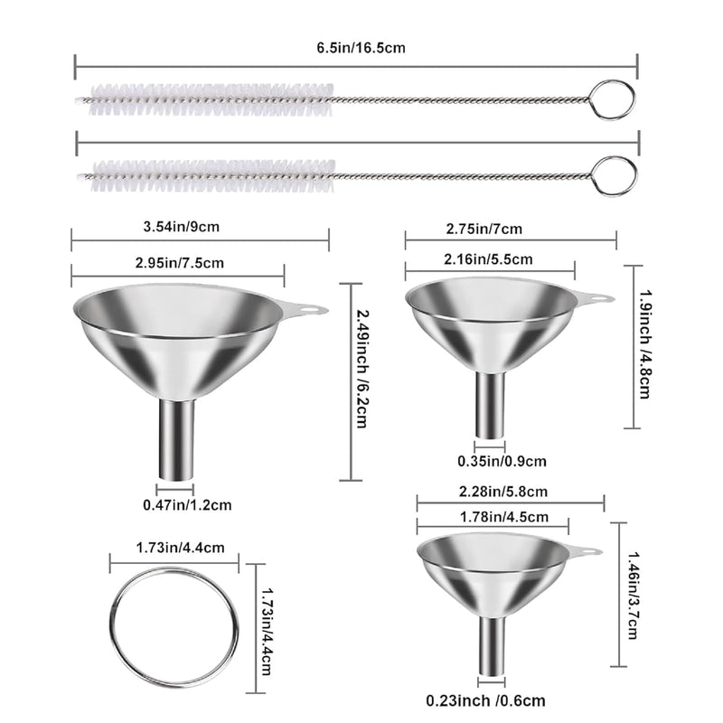 HUPLA Stainless Steel Kitchen Funnel Set | 3 Different Size Metal Funnels with Cleaning Brushes & Filter Strainer | Multipurpose Oil, Liquid & Dry Ingredient Transfer Funnels