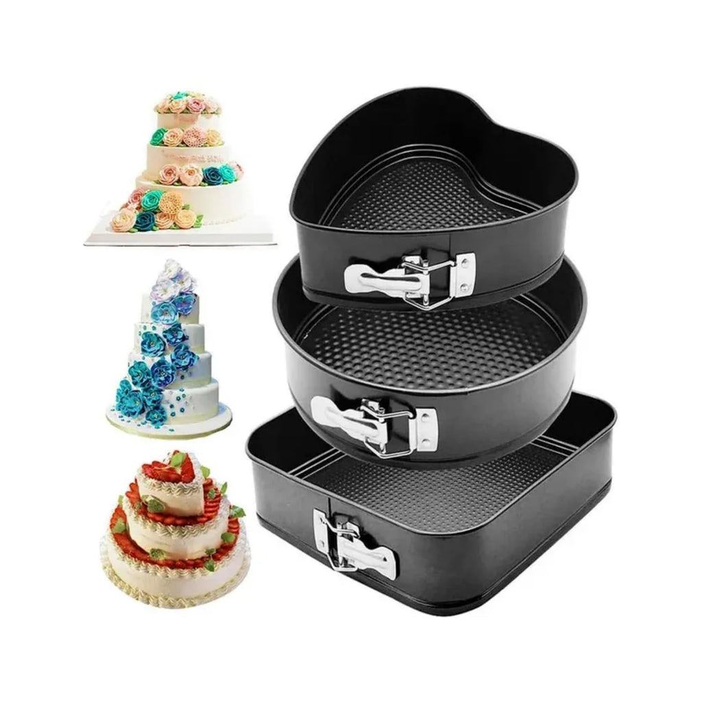 3-Piece Non-Stick Springform Cake Mould Set – Heart, Round & Square Baking Pans for Cakes, Cheesecakes & Desserts