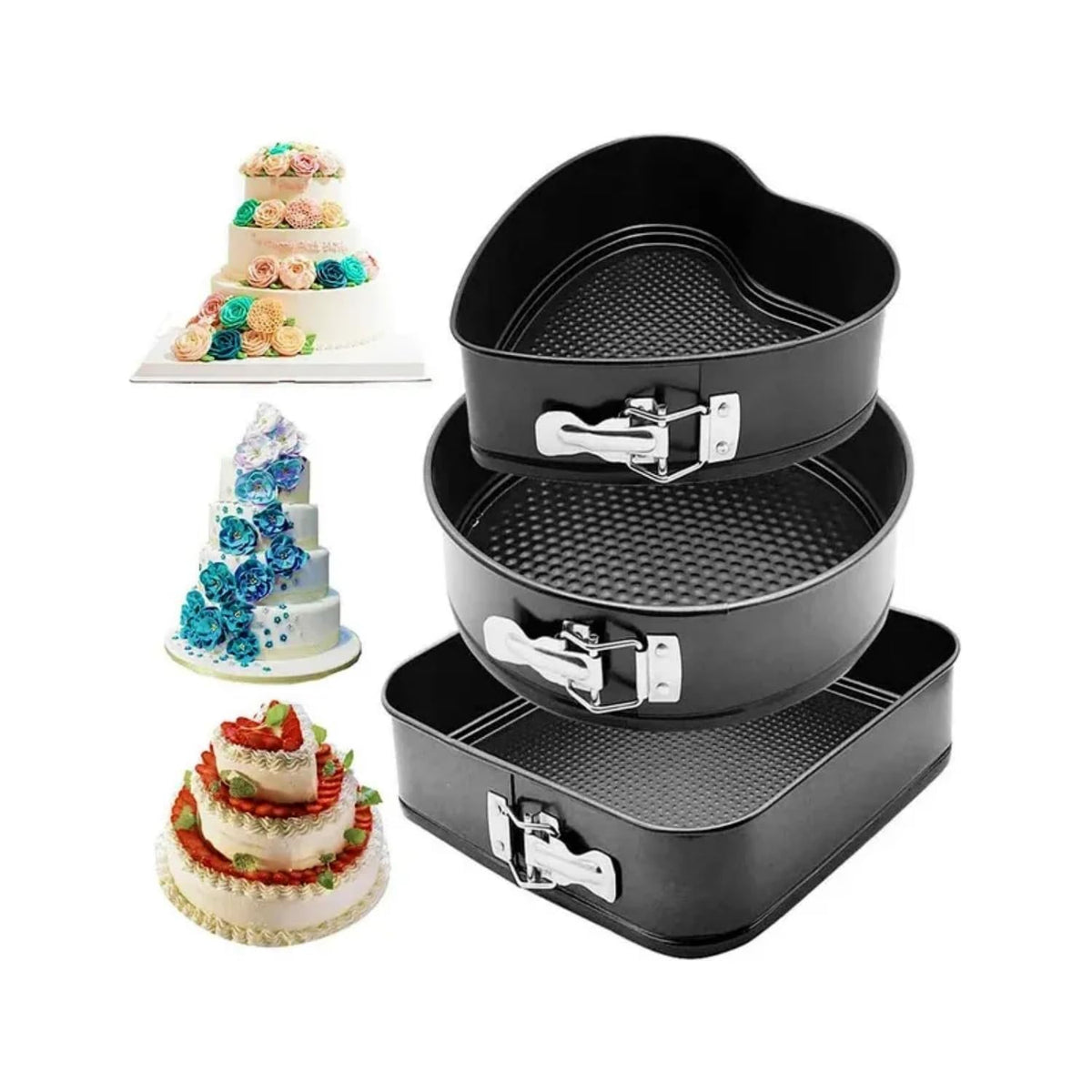 3-Piece Non-Stick Springform Cake Mould Set – Heart, Round & Square Baking Pans for Cakes, Cheesecakes & Desserts