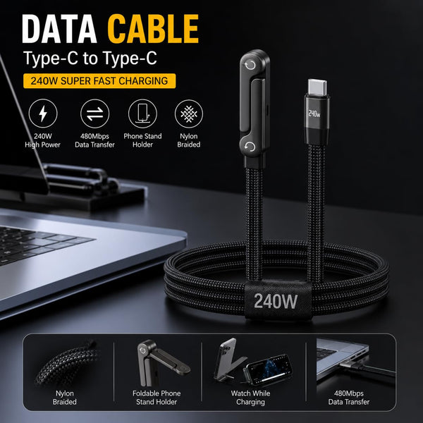 HUPLA 240W USB Type-C Fast Charging Cable with Built-in Foldable Mobile Stand | Braided USB-C to USB-C Charging & Data Cable | Black – 1 Pc