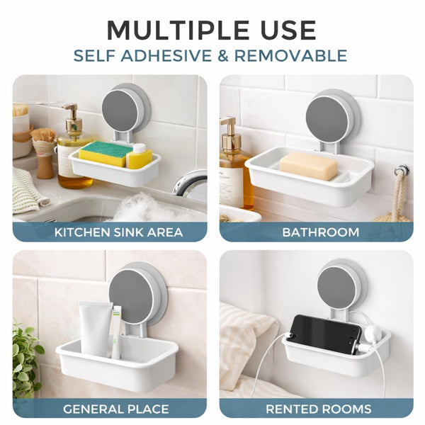 HUPLA Wall Mounted Soap Holder with Suction Cup | No-Drill Bathroom Soap Dish with Raised Drainage Base | White – 1 Piece