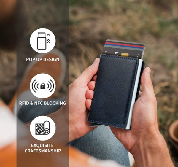 HUPLA Automatic Pop-Up Card Holder for Men | Slim RFID-Style Card Wallet with Push Button | Black Carbon Fibre Pattern Card Case