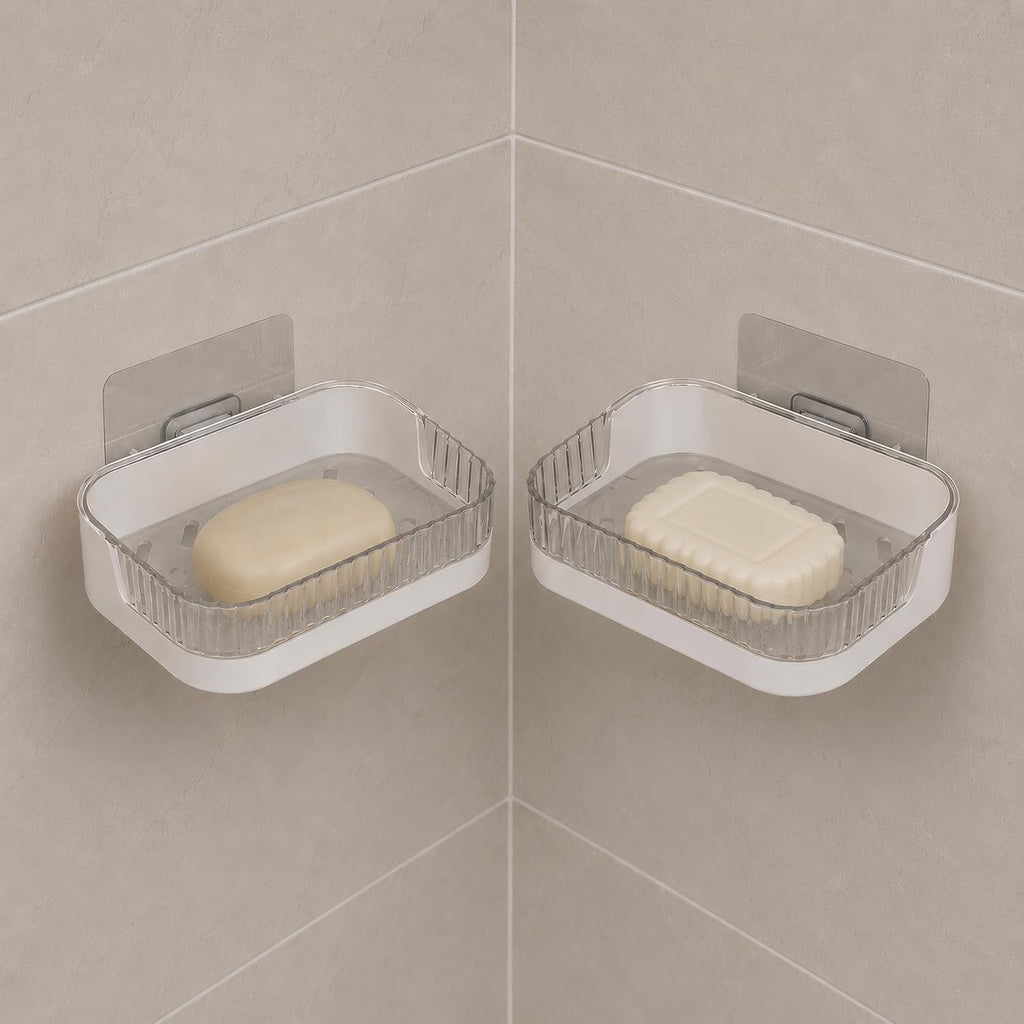 HUPLA Transparent Wall Mounted Soap Holder with Drainage | Self-Adhesive No-Drill Soap Dish for Bathroom, Kitchen & Washbasin | Clear Plastic Soap Organizer