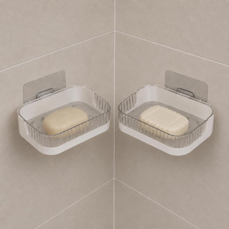 HUPLA Transparent Wall Mounted Soap Holder with Drainage | Self-Adhesive No-Drill Soap Dish for Bathroom, Kitchen & Washbasin | Clear Plastic Soap Organizer