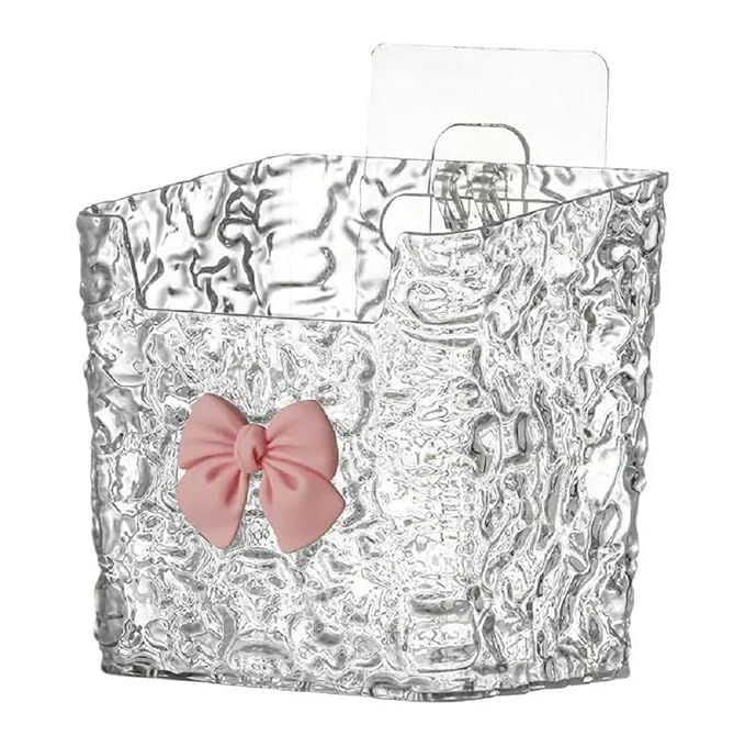 HUPLA Transparent Tissue Box Holder with Pink Bow | Crystal Look Decorative Tissue Paper Organizer with Textured Design for Living Room, Bedroom, Bathroom & Dressing Table – 1 Pc