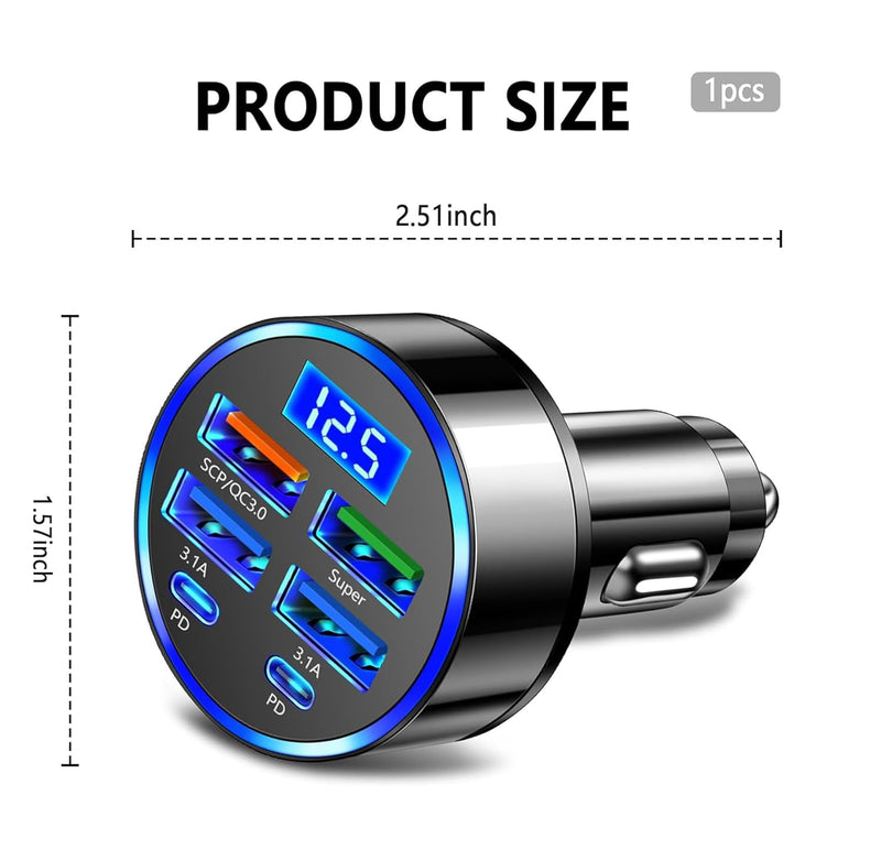 HUPLA 6-Port USB Car Charger with Digital Voltage Display | 4 USB-A + 2 USB-C PD Charging Ports | QC 3.0 Multi-Port Car Charging Adapter for Mobile Phones & Gadgets – Black