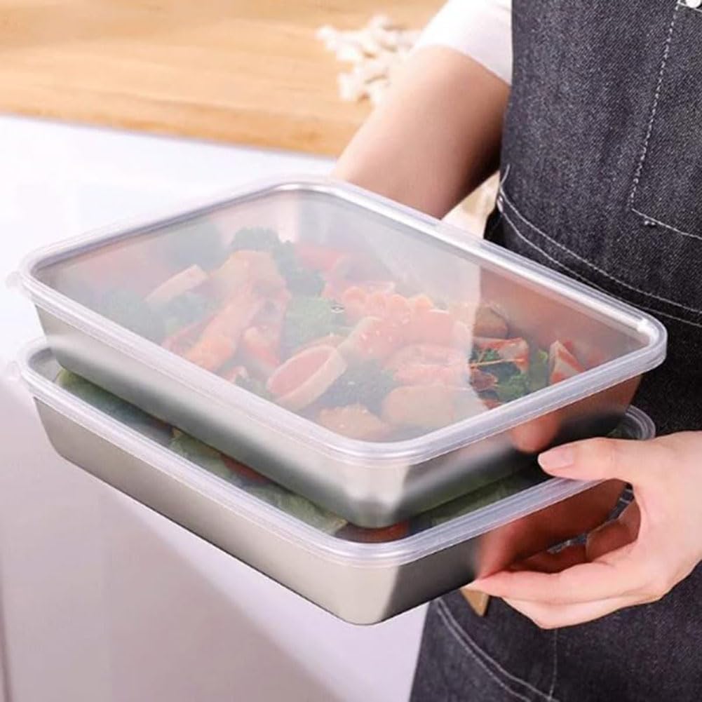 HUPLA Rectangular Stainless Steel Food Storage Container with Transparent Lid | Reusable Kitchen Storage Box for Salads, Fruits, Meals & Leftovers | Multipurpose Food Container – Silver