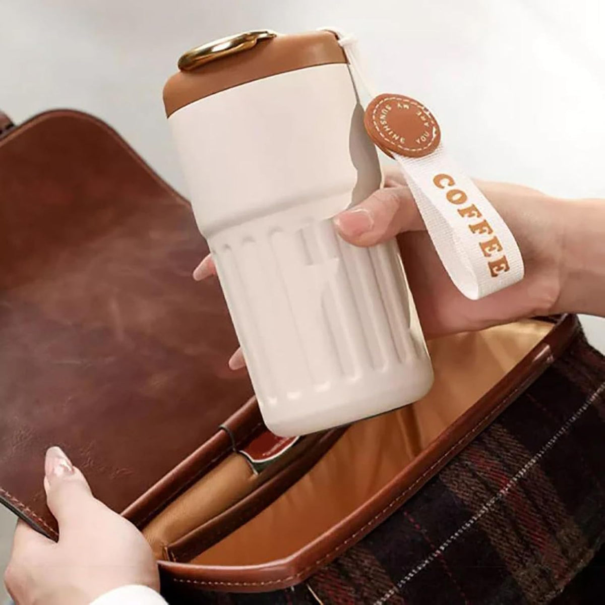 HUPLA Stainless Steel Insulated Coffee Cup with Lid | Portable Hot & Cold Travel Coffee Mug with Carry Strap | Reusable Coffee Tumbler for Office, Home & Travel – White & Brown