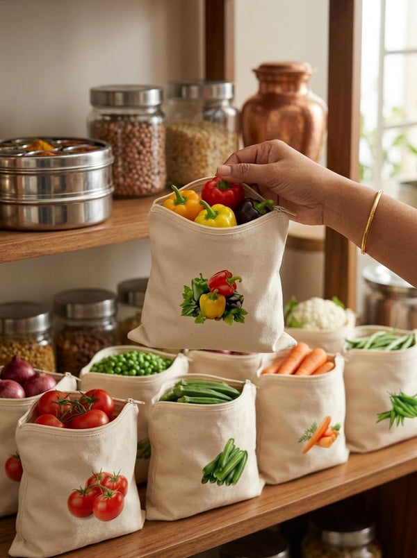 HUPLA Reusable Vegetable & Fruit Storage Bags with Drawstring | Breathable Fabric Kitchen Storage Pouches for Onion, Potato, Tomato & Fresh Produce | Washable Grocery Organizer Bags – Beige