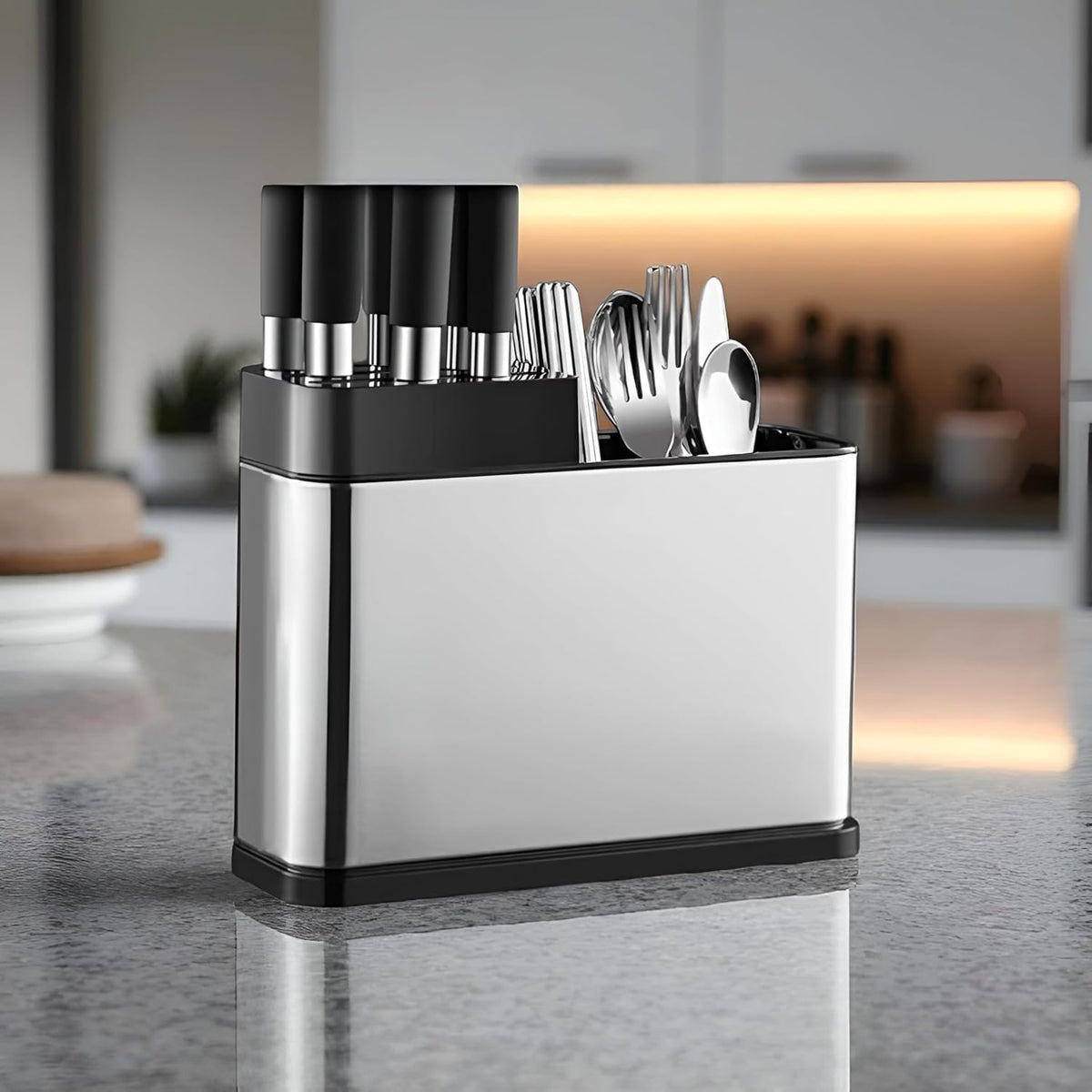 HUPLA Multipurpose Kitchen Knife & Cutlery Organizer Stand | Countertop Storage Holder for Knives, Spoons, Forks & Chopsticks | Multi-Compartment Kitchen Utensil Rack – Silver & Black