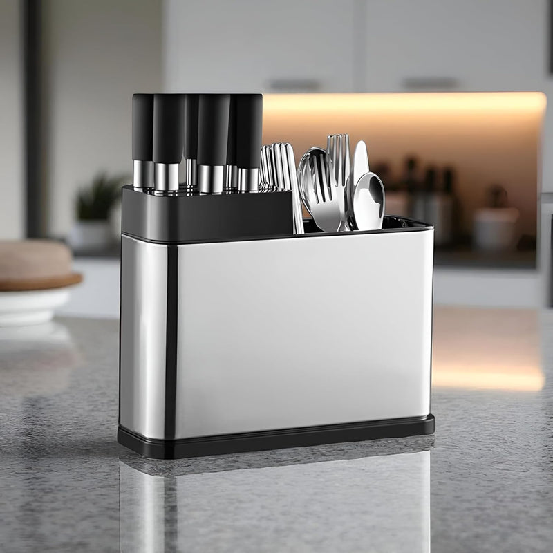 HUPLA Multipurpose Kitchen Knife & Cutlery Organizer Stand | Countertop Storage Holder for Knives, Spoons, Forks & Chopsticks | Multi-Compartment Kitchen Utensil Rack – Silver & Black