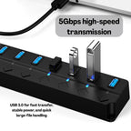 USB 3.0 7-Port Hub with Individual Power Switches & LED Indicators | High-Speed Data Transfer | Plug & Play USB Splitter for Laptop, PC, Mac, Gaming Console