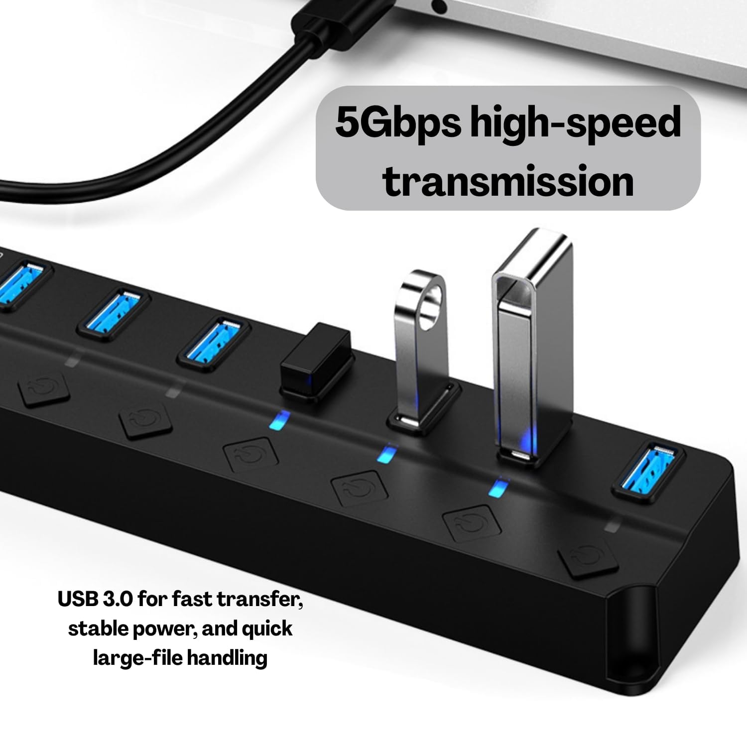 USB 3.0 7-Port Hub with Individual Power Switches & LED Indicators | High-Speed Data Transfer | Plug & Play USB Splitter for Laptop, PC, Mac, Gaming Console