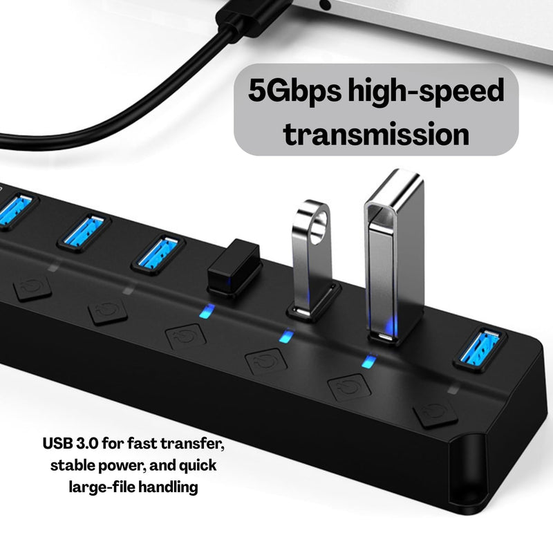 USB 3.0 7-Port Hub with Individual Power Switches & LED Indicators | High-Speed Data Transfer | Plug & Play USB Splitter for Laptop, PC, Mac, Gaming Console