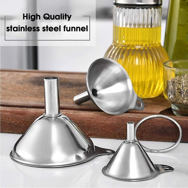 HUPLA Stainless Steel Kitchen Funnel Set | 3 Different Size Metal Funnels with Cleaning Brushes & Filter Strainer | Multipurpose Oil, Liquid & Dry Ingredient Transfer Funnels