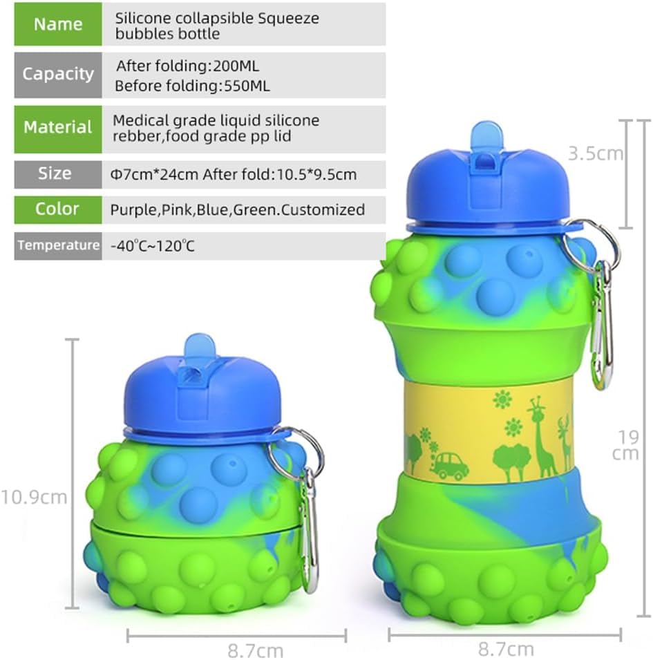 HUPLA Kids Collapsible Silicone Water Bottle with Straw & Carrying Clip | Foldable Reusable Drinking Bottle with 3D Bubble Design for School, Travel & Outdoor Activities – Green & Blue