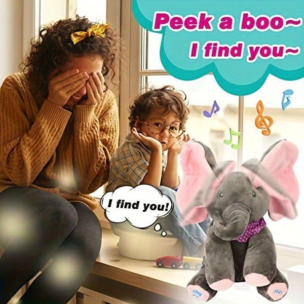 HUPLA Peek A Boo Elephant Soft Toy for Kids | Interactive Musical Plush Elephant with Moving Ears, Singing & Peekaboo Action | Battery Operated Baby Toy – Grey & Pink