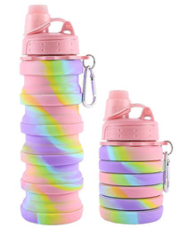 HUPLA Rainbow Collapsible Silicone Water Bottle for Kids | Foldable Reusable Drinking Bottle with Straw Lid & Carrying Clip | Portable Water Bottle for School, Travel & Outdoor Activities – Multicolour