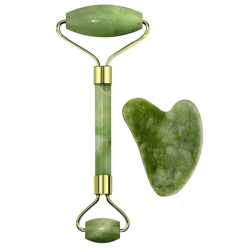 HUPLA Jade Roller & Gua Sha Set for Face Massage | Natural Stone Facial Roller for Skin Tightening, Puffiness & Glow | Face Lifting Tool Kit