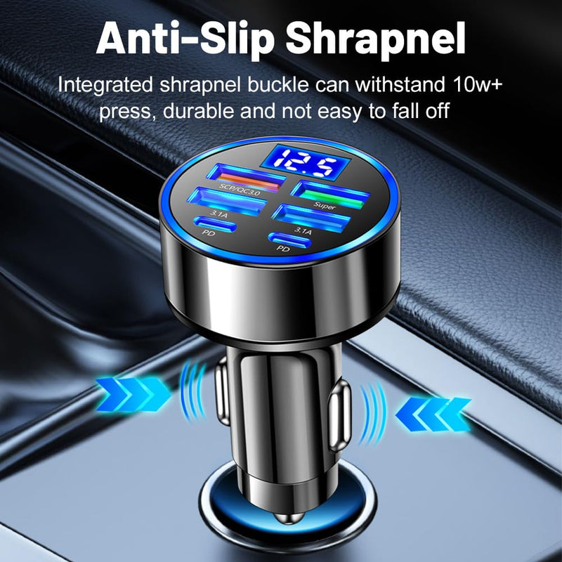 HUPLA 6-Port USB Car Charger with Digital Voltage Display | 4 USB-A + 2 USB-C PD Charging Ports | QC 3.0 Multi-Port Car Charging Adapter for Mobile Phones & Gadgets – Black