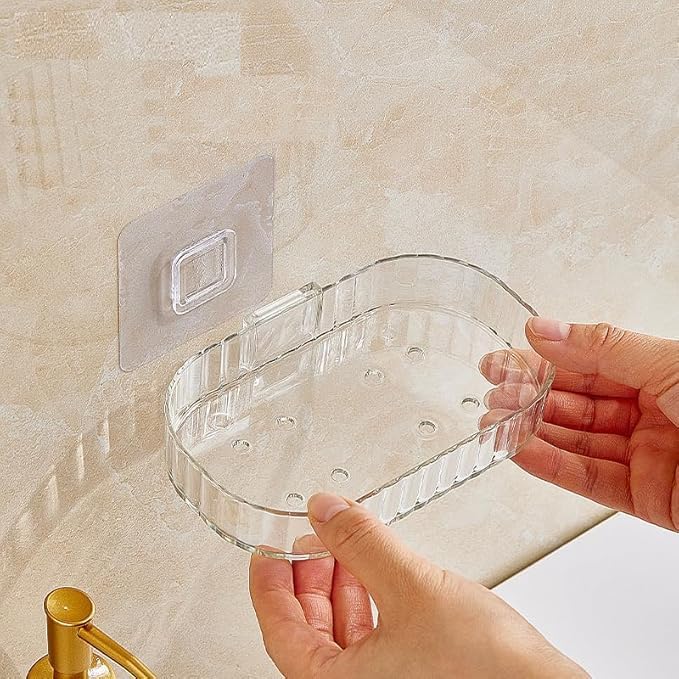 HUPLA Transparent Wall Mounted Soap Holder with Drainage | Self-Adhesive No-Drill Soap Dish for Bathroom, Kitchen & Washbasin | Clear Plastic Soap Organizer