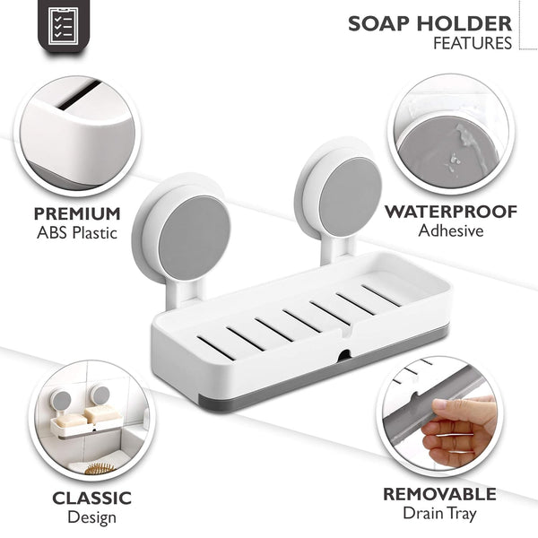 HUPLA Wall Mounted Soap Holder with Drainage | Double Mount No-Drill Style Soap Dish, Bathroom Soap Tray & Space Saving Soap Organizer | White & Grey – 1 Piece