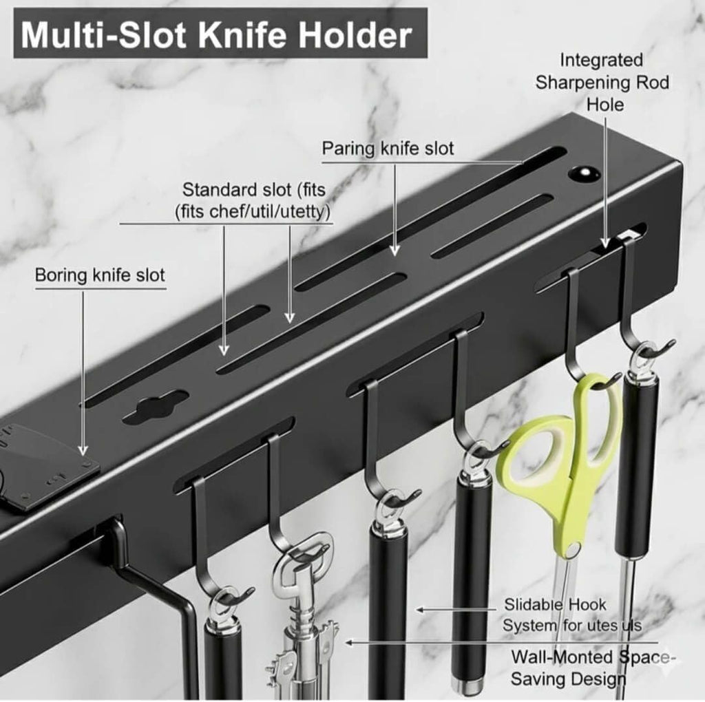 HUPLA Multifunctional Wall Mounted Kitchen Organizer Rack | Knife Holder, Utensil Storage, Hanging Hooks & Towel Bar | Space Saving Kitchen Storage Rack – Black