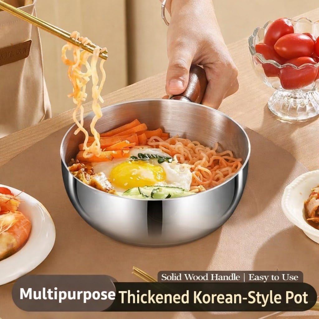 HUPLA Stainless Steel Mini Frying Pan with Wooden Handle | Deep Round Cooking Pan for Frying, Sautéing & Small Portion Cooking | Compact Kitchen Cookware – Silver