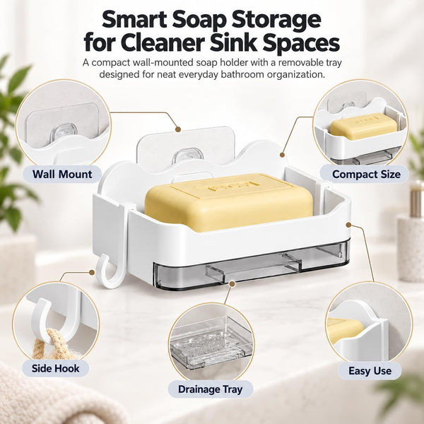 HUPLA Wall Mounted Soap Holder with Side Hook & Water Collection Tray | No-Drill Bathroom Soap Dish Organizer with Transparent Drainage Box | White – 1 Piece