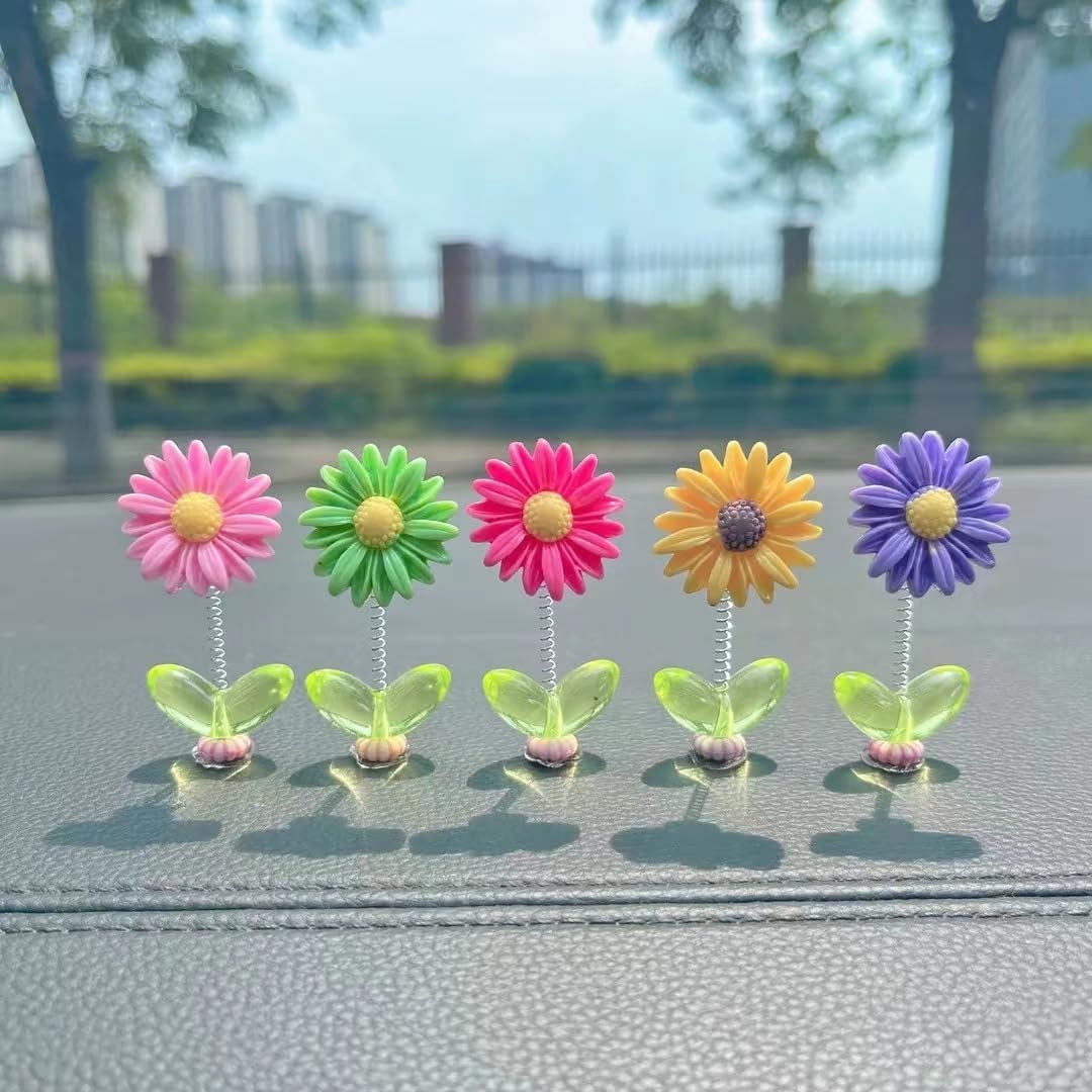 5-Piece Dancing Flower Dashboard Decor – Colourful Spring Bobble Flowers with Green Leaf Base for Car, Desk & Home Decoration