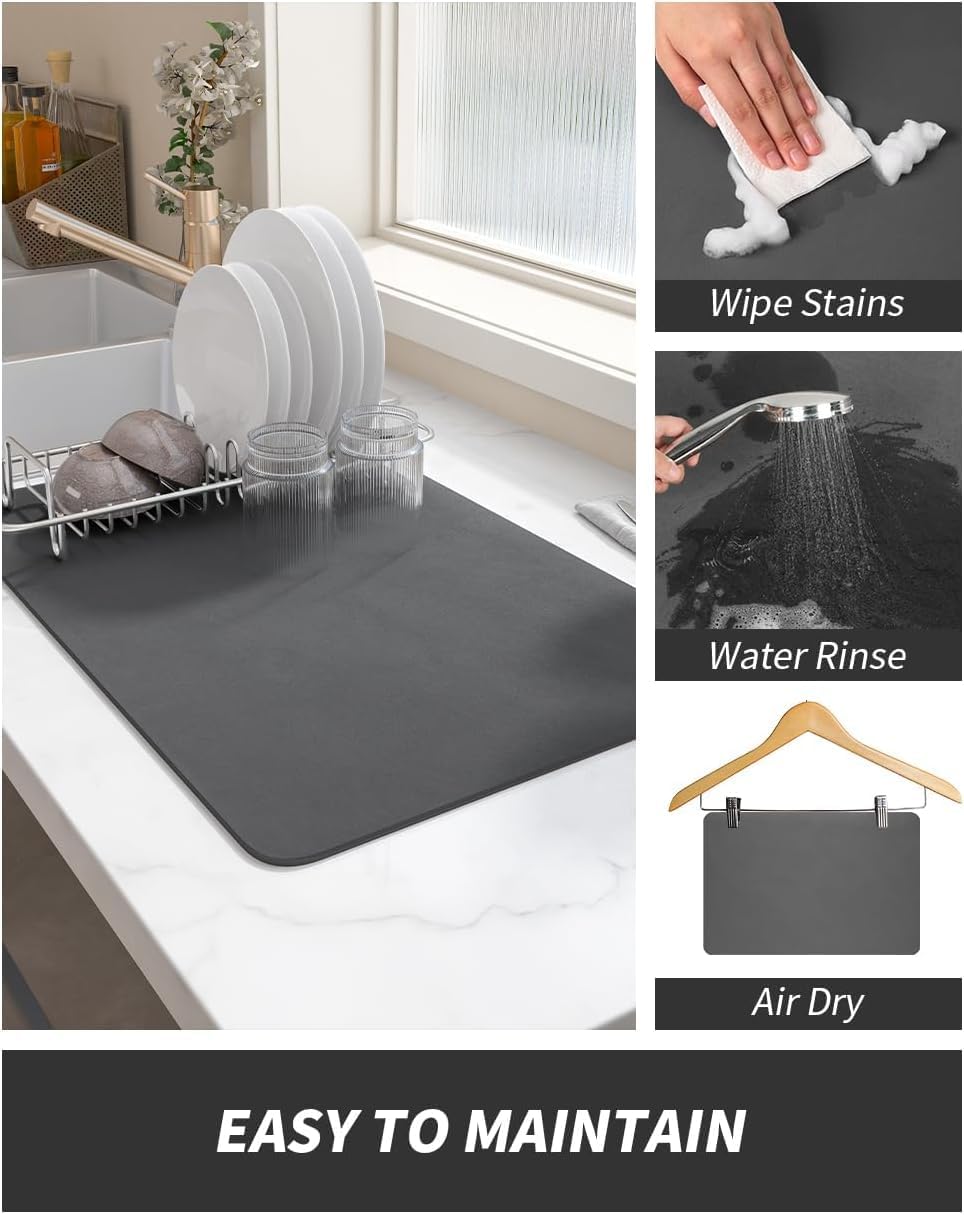 HUPLA Super Absorbent Dish Drying Mat 30 × 40 cm | Non-Slip Kitchen Countertop Drying Mat for Plates, Glasses, Cups & Utensils | Rollable & Reusable – Black