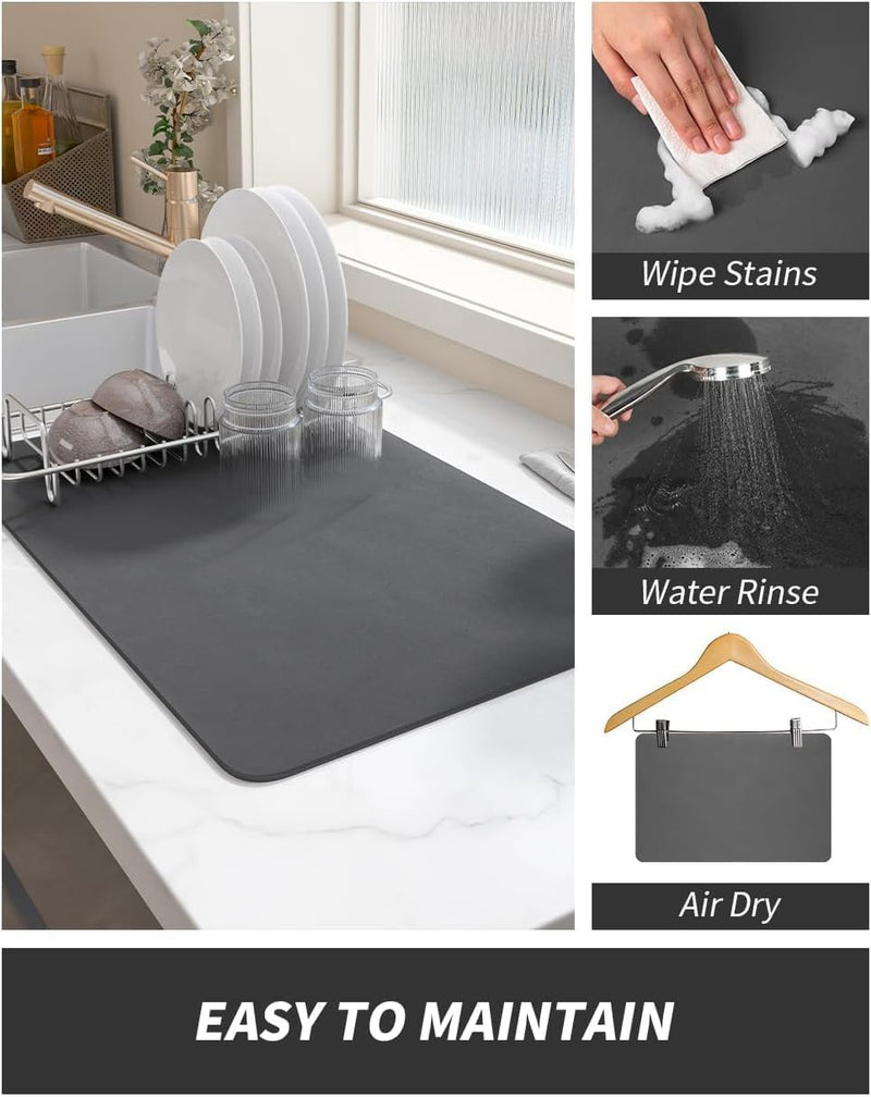HUPLA Super Absorbent Dish Drying Mat 30 × 40 cm | Non-Slip Kitchen Countertop Drying Mat for Plates, Glasses, Cups & Utensils | Rollable & Reusable – Black