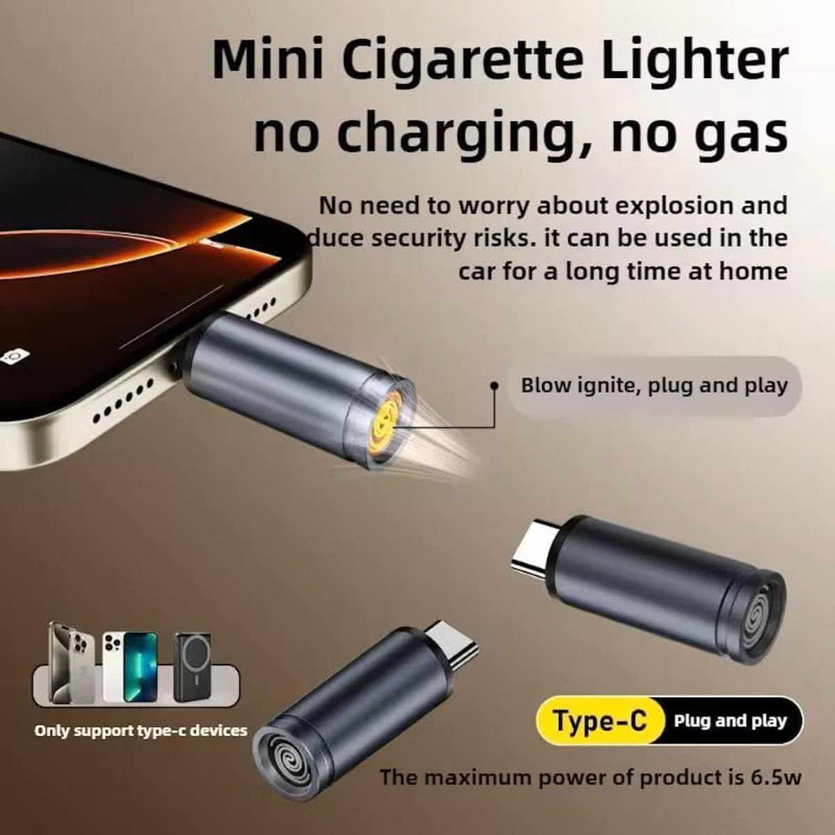 USB-C Instant Heat Cigarette Lighter with Keychain – Phone Powered Flameless Heating Lighter, No Gas, No Refill | 1 Pc