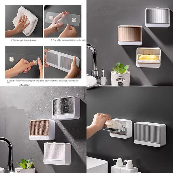 HUPLA Wall Mounted Soap Holder with Drainage | Self-Adhesive Bathroom Soap Storage Box with Sliding Cover | Space Saving Soap Dish Organizer – White