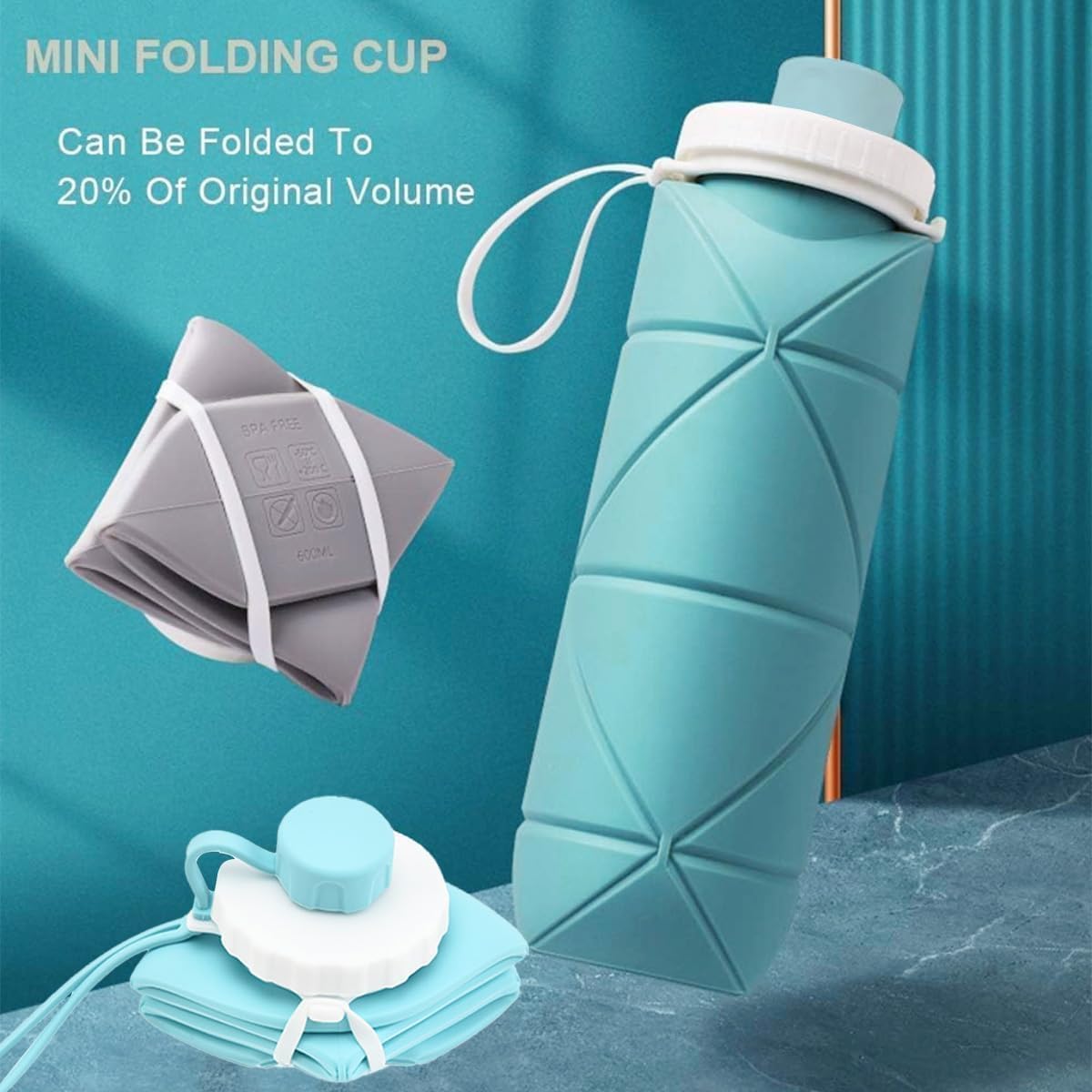HUPLA Collapsible Silicone Water Bottle | Foldable & Reusable Drinking Bottle with Leak-Resistant Cap and Carrying Strap for Travel, Gym, Hiking & Outdoor Use – Sky Blue