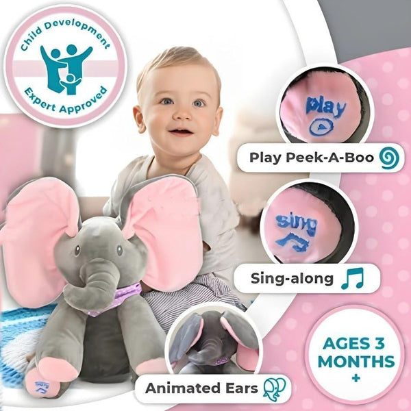 HUPLA Peek A Boo Elephant Soft Toy for Kids | Interactive Musical Plush Elephant with Moving Ears, Singing & Peekaboo Action | Battery Operated Baby Toy – Grey & Pink